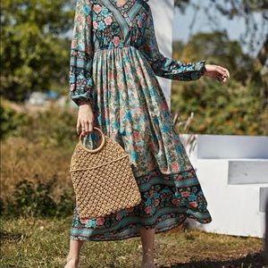 Floral V neck A line maxi dress